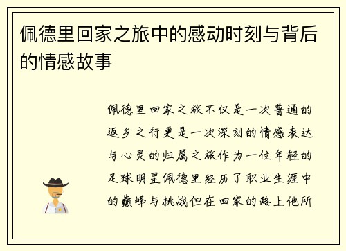 佩德里回家之旅中的感动时刻与背后的情感故事
